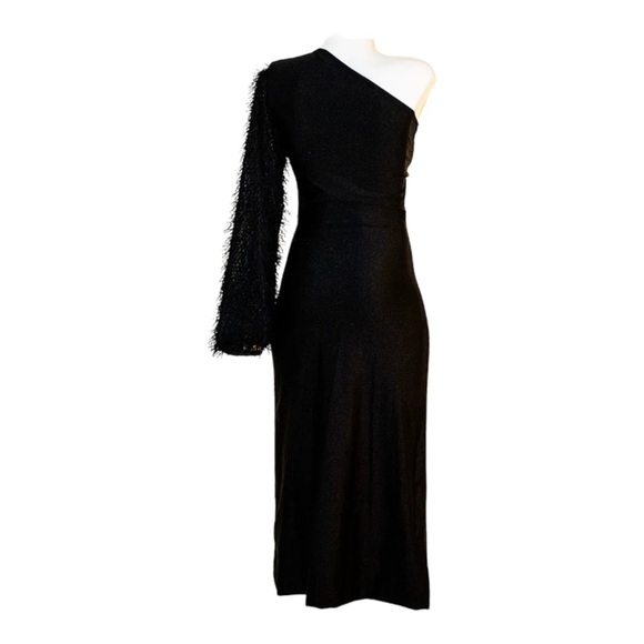 NWT FEMGRAPHY Naledi One Shoulder Feather High Slit Midi Dress Black Medium - Picture 3 of 8